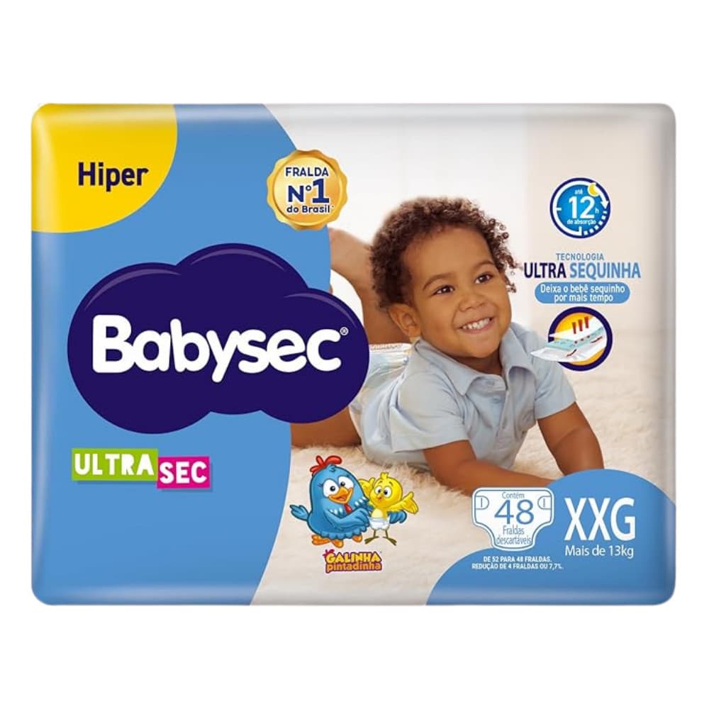Fralda BabySec Ultrasec Hiper XXG com 48 Fraldas Galinha Pintadinha Econômica- Preferida das Mamães 👩‍🍼