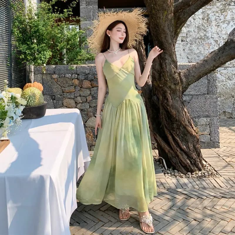 Vestido Feminino Verde Francês Fairycore Maxi Alça Espaguete Franzido Chiffon Férias Vestidos De Verão