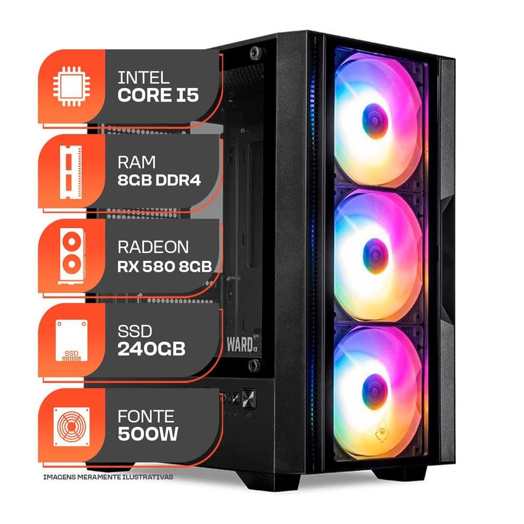 PC Gamer Forge, Intel i5 8ª Geração, RX 580 8GB, 8GB DDR4, SSD 240GB, 500W 80 Plus