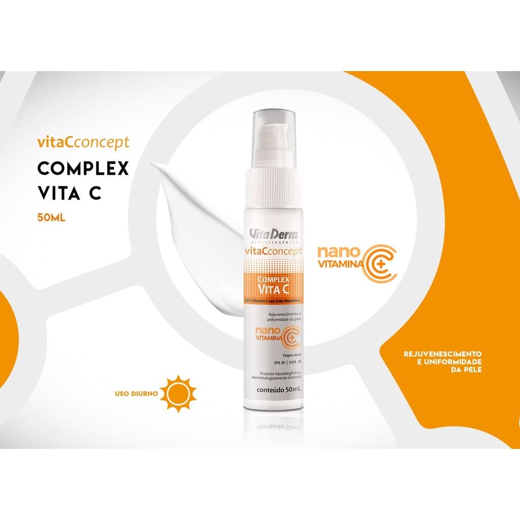 Vitamina C 50ml Vita derm Hidratante e Protetor Solar Facial FPS 30 Limpeza Facial Rejuvenescimento Facial