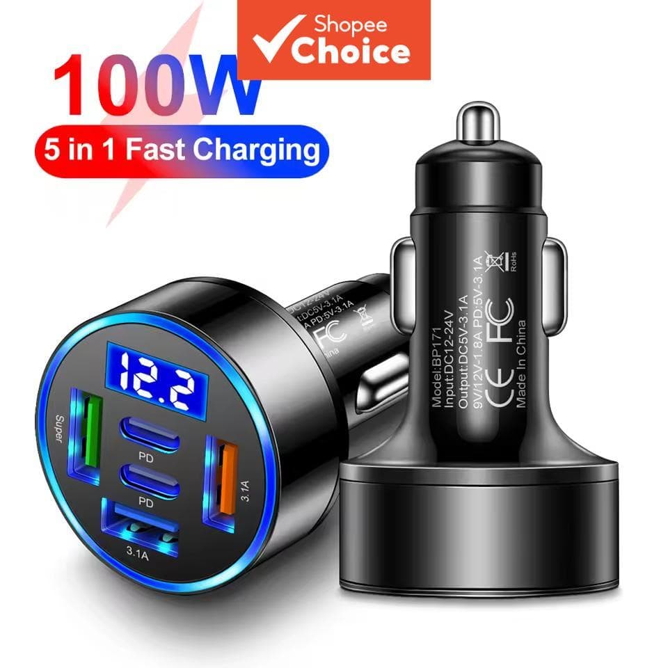 Carregador Veicular Rápido 5 em 1 com USB-C PD QC3.0 para iPhone, Samsung Galaxy, iPad Pro com Adaptador Multiporta