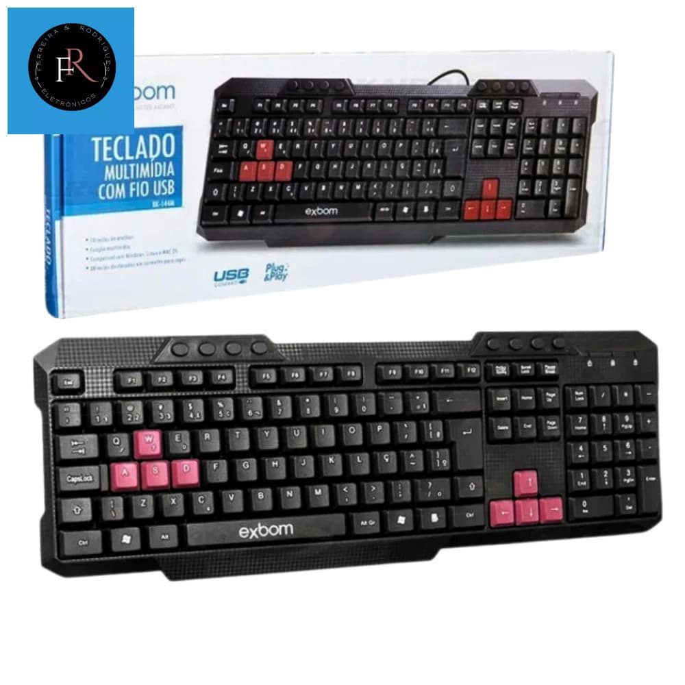 Teclado Multimídia Semi Mecânico Tecla Game Plug & Play ABNT2 Exbom BK-144M