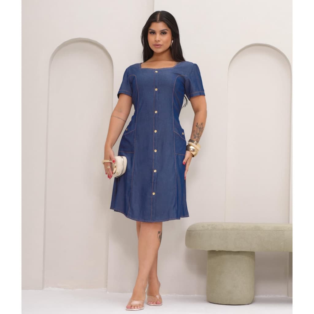 Vestido Midi Feminino  Jeans Botões e Bolsos Moda Evangélica feito do tegido  chambray
