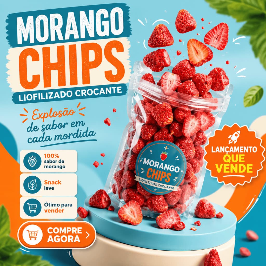 Morango Chips Liofilizado Snack Premium Saudável para petisco e lanche