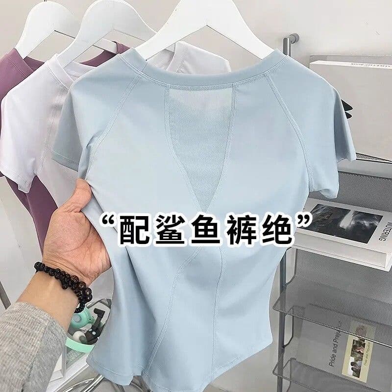 Azul de manga curta yoga fitness Pilates camiseta feminina esportes fitness yoga roupas ciclismo costura gaze topo