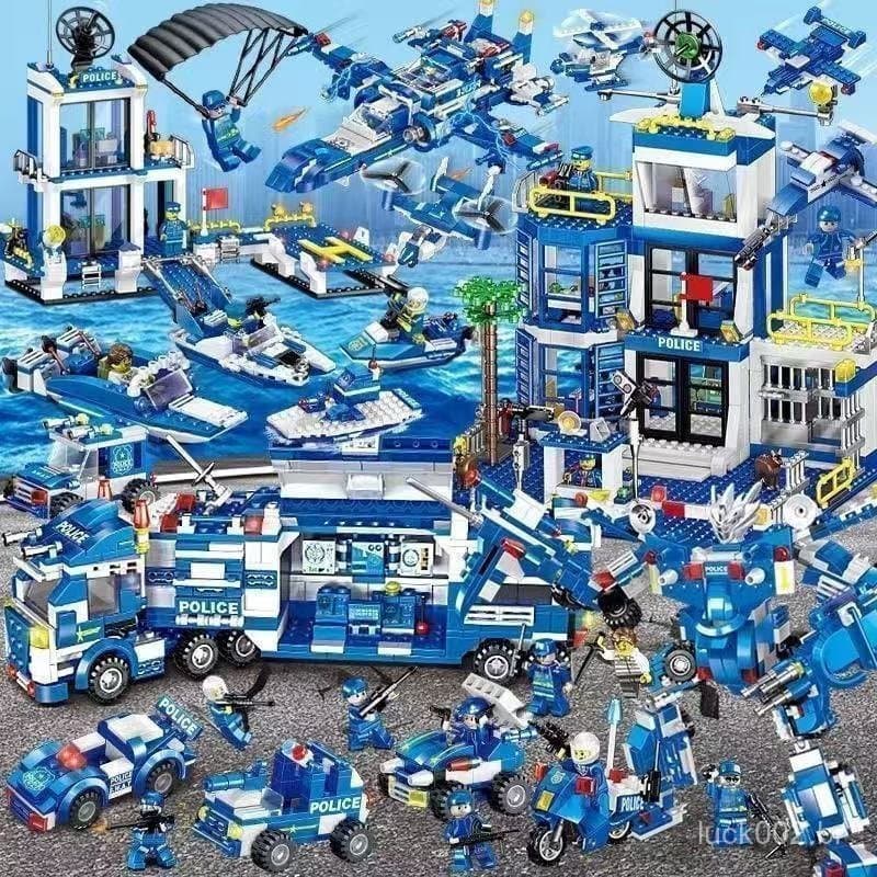 1500 peças de blocos de montar Lego, construção de uma delegacia de polícia azul, modelo de montagem de transportador.