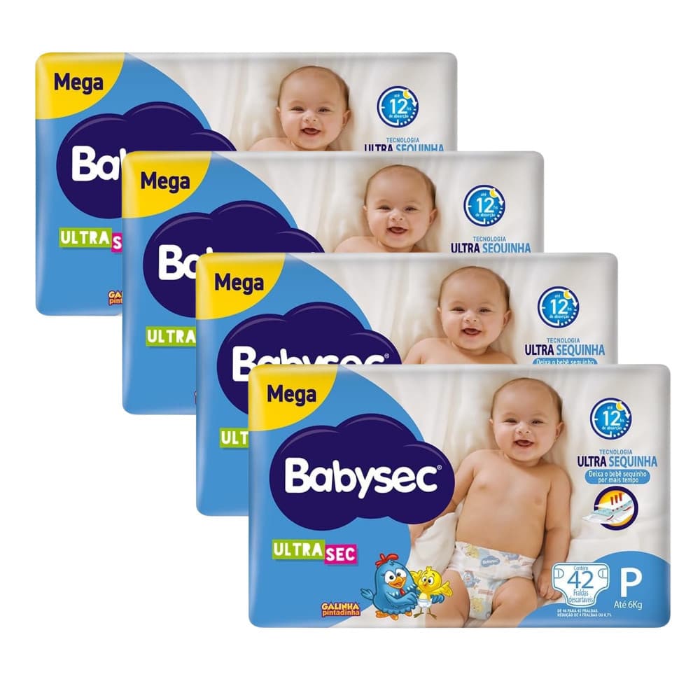 Combo Econômico 4x Fralda BabySec Ultrasec Galinha Pintadinha Mega P 42un – Preferida das Mamães 👩‍🍼