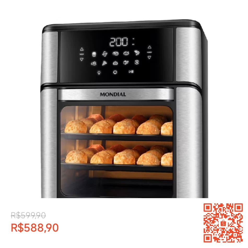 Fritadeira Elétrica Air Fryer Mondial Oven-12L 2000W Painel Digital Preto - 220V