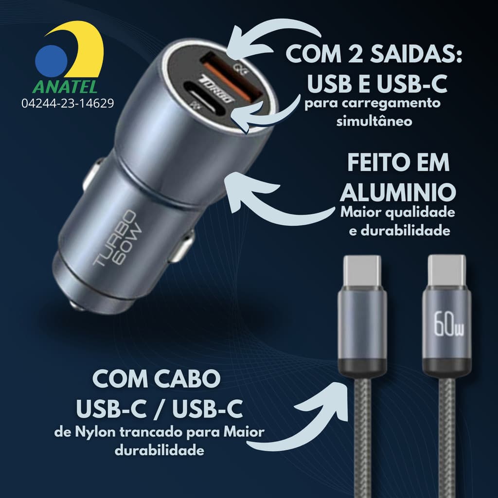 KIT CARREGADOR VEICULAR COM CABO TIPO C CJ13-3 A'GOLD