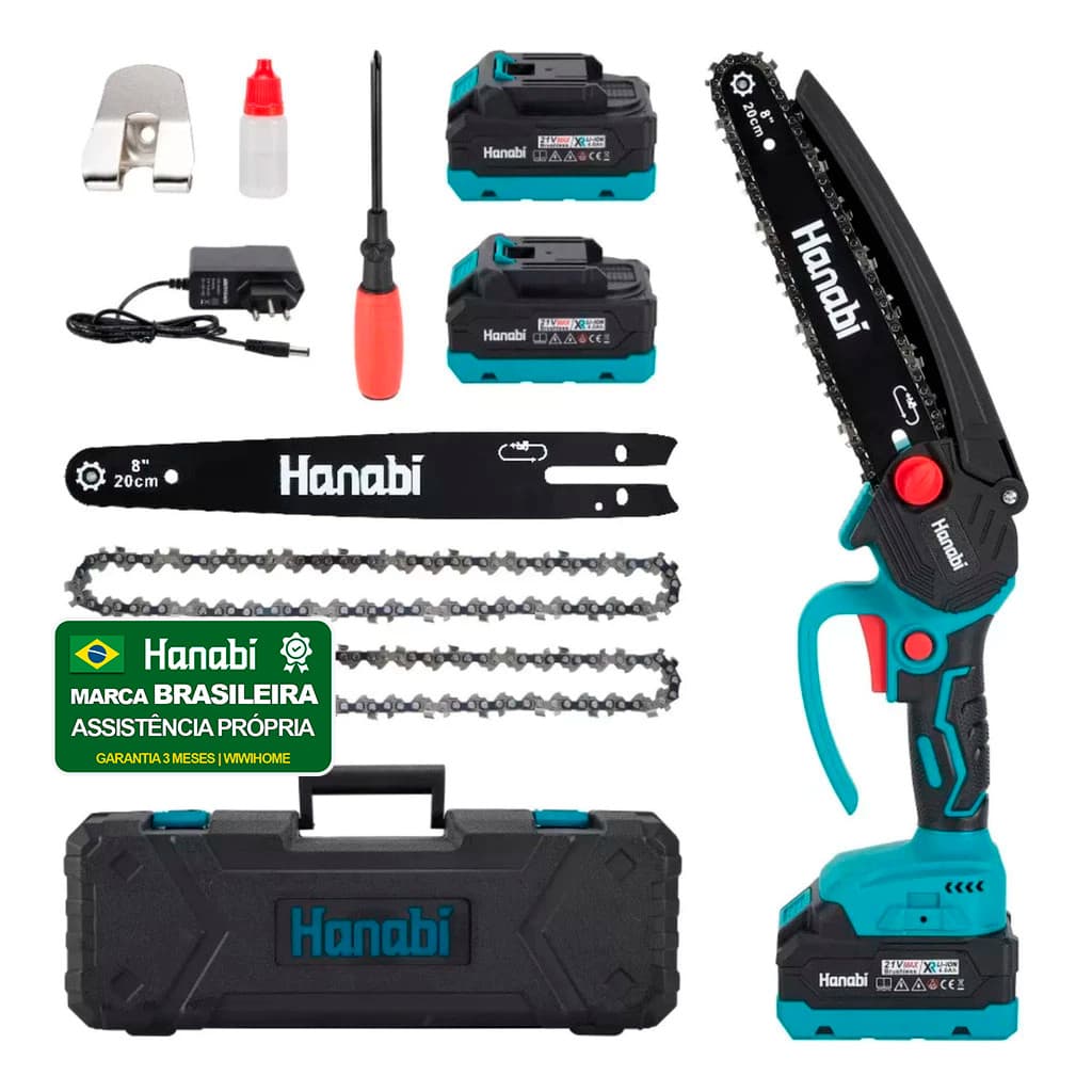 【Hanabi】Mini Motosserra Elétrica 8" Hanabi Brushless Portátil 21V 2 Baterias Bivolt p/ Carpintaria e Jardim