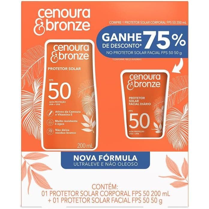 Kit Protetor Solar Cenoura e Bronze FPS 50 Corporal 200ml + Protetor Solar Facial Toque Seco Matte 50g Original