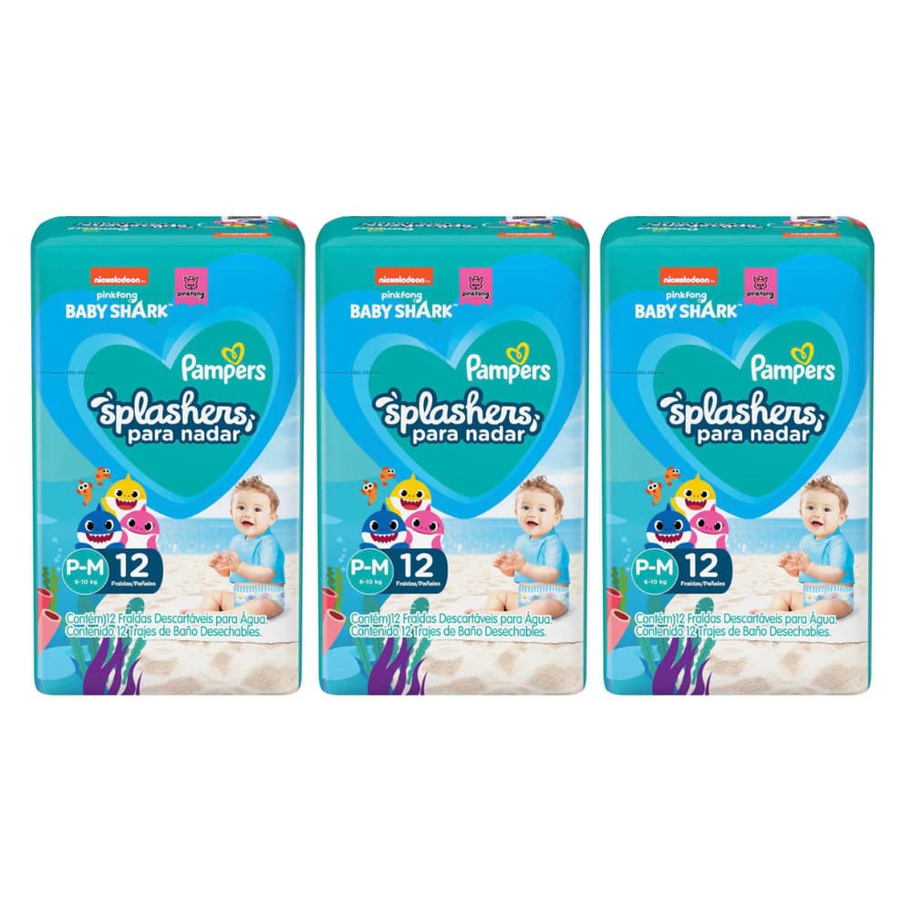 Kit 3 Fraldas Descartáveis Pampers Splashers para Água P-M 6-10kg 12un