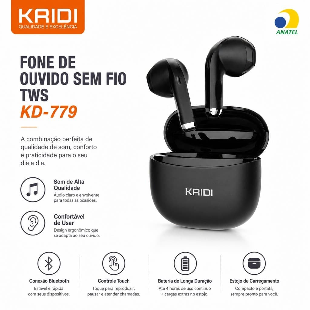 KAIDI KD-779 Fone de Ouvido Bluetooth TWS Sem Fio | Som HiFi | Bluetooth 5.4 | Estojo de Carregamento | Preto