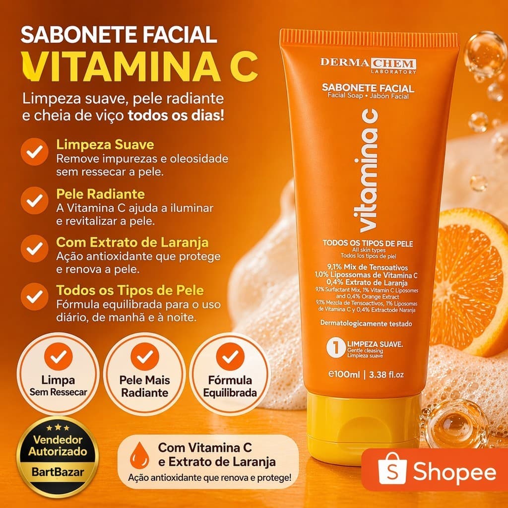 Sabonete Líquido Vitamina C Dermachem Clareador Anti-Rugas Ácido Hialurônico Pele Oleosa Skincare Top