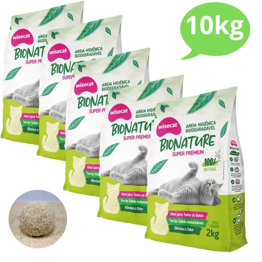 Kit 5 Areia Sanitária De Mandioca Granulado Para Gatos Biodegradável Wisecat 10kg