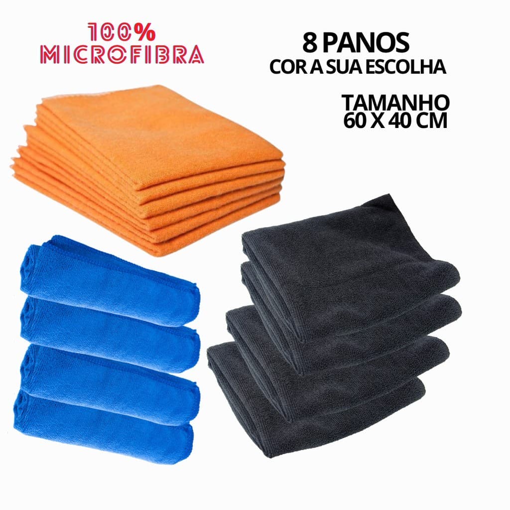 Kit 8 Panos de Microfibra Grande 60x40cm Anti Risco Automotivo Lava Carro Seco Não Solta Fiapos