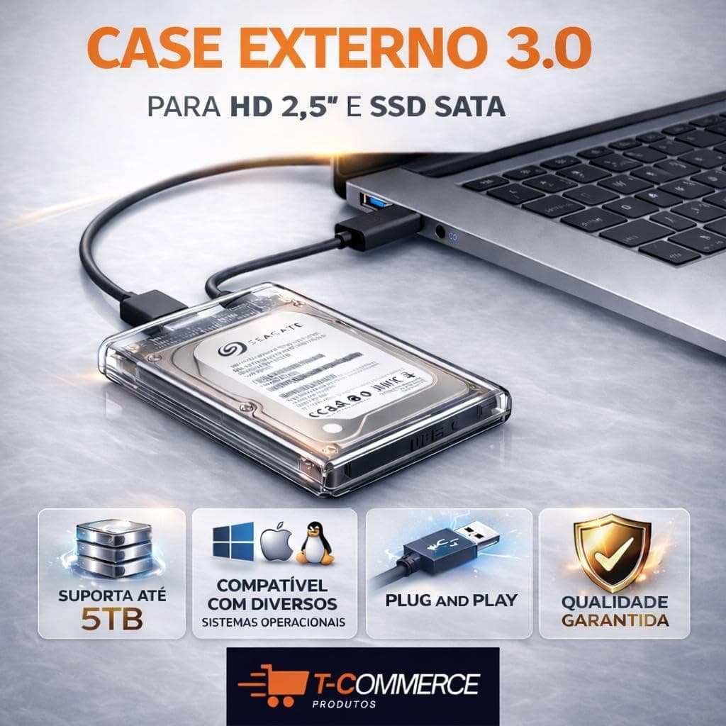 Case HD Externo 2.5 SATA USB 3.0 Transparente SSD 6Gbps Notebook PC
