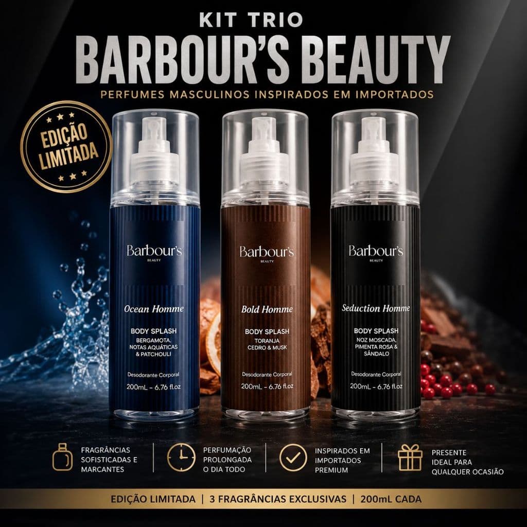 Kit Perfumes Masculinos Inspirados em Importados 3x200ml Bold Homme + Seduction Homme + Ocean Homme - Barbour’s Beauty
