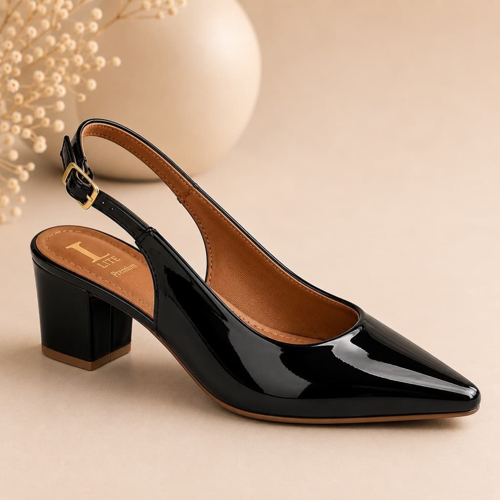 Sapato Feminino Scarpin Bico Fino Salto Grosse 6 cm Slingback Confortável Aberto Fivela Social Noiva