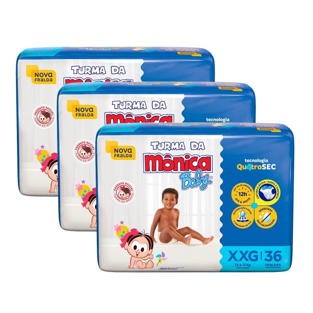 Kit 3 Fralda Turma da Mônica Baby Mega Tamanho XXG 36 Unidades Descartáveis