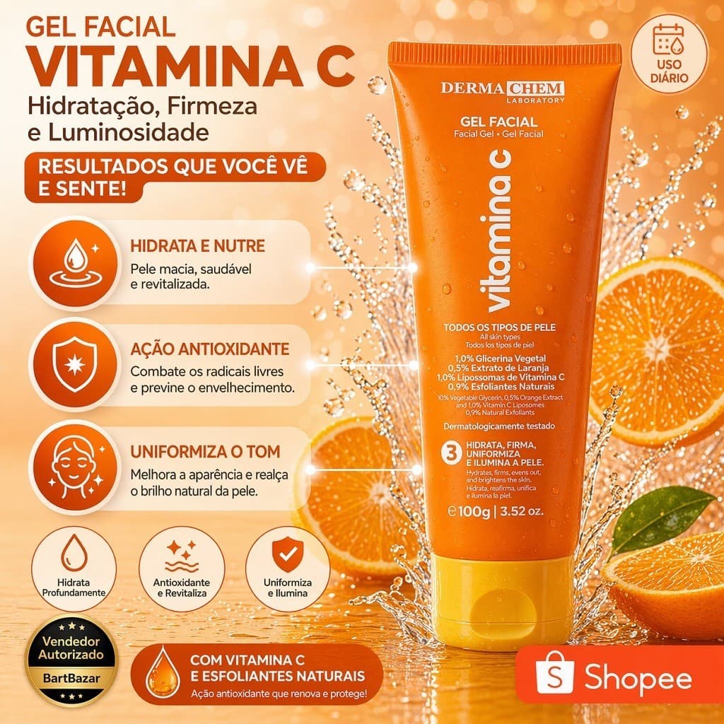 Gel Facial Vitamina C Dermachem Anti Idade Clareador Manchas Rosto Hidratante Antioxidante 100g Original