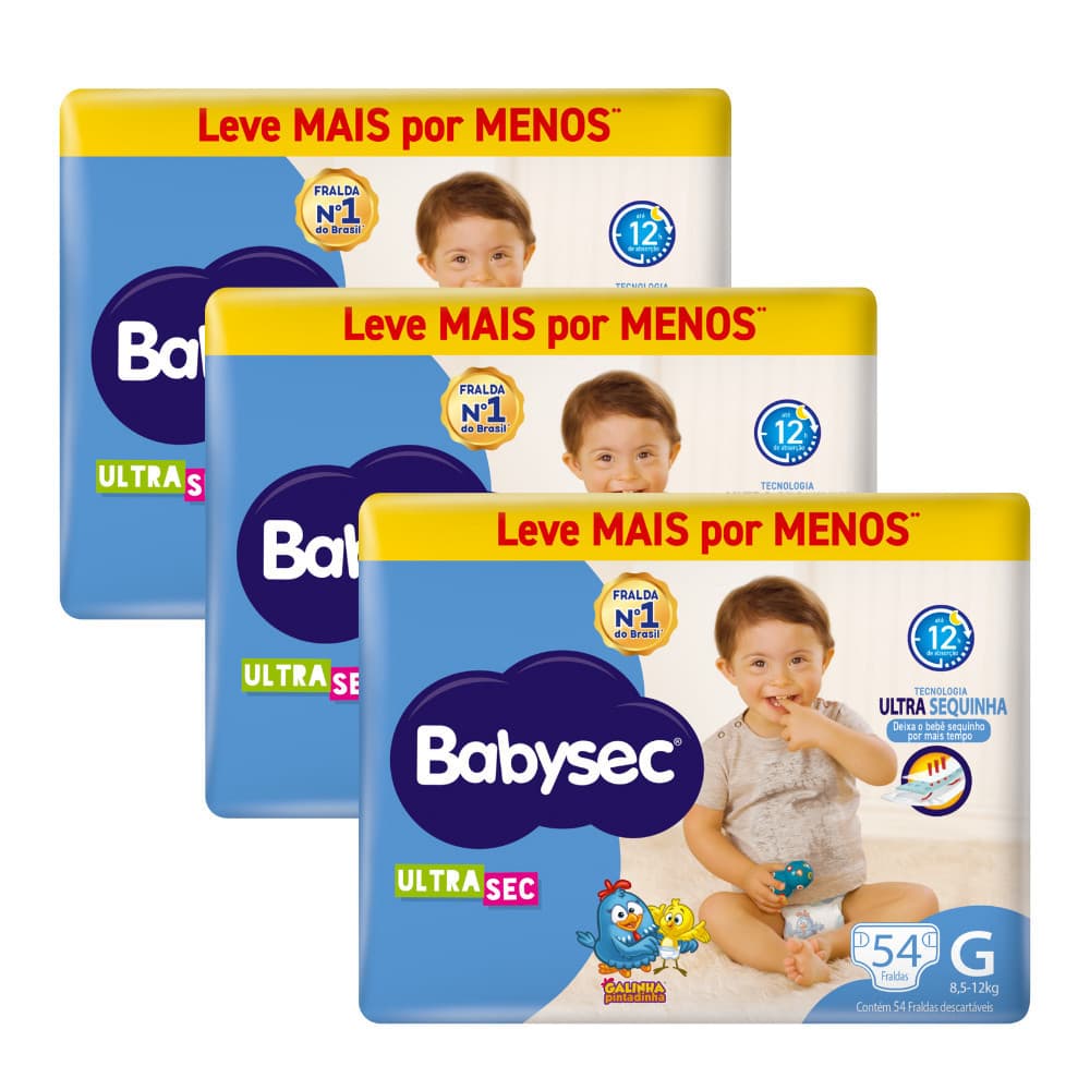 Kit Econômico 3x Fralda BabySec Hiper G c/ 54 uni - Ultrasec Galinha Pintadinha -Preferida das Mamães 👩‍🍼