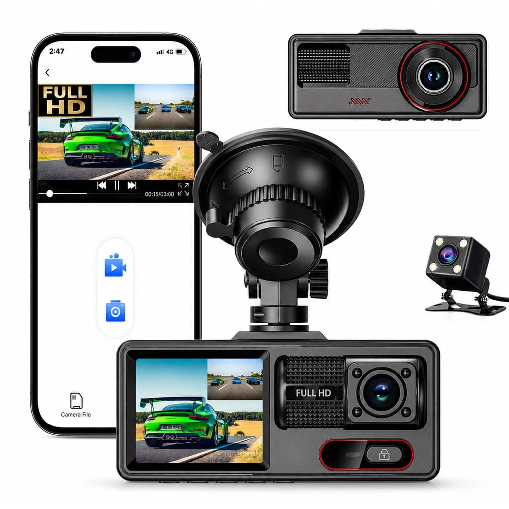 Câmera de Carro WiFi 1080P Tripla Lente Visão Noturna Detecção de Movimento DVR