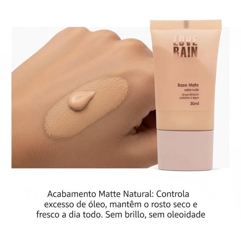 Base Líquida Love Rain Matte Alta Cobertura Acabamento Uniforme Longa Duração