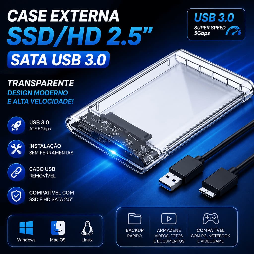 Case Externa SSD HD 2.5 SATA USB 3.0 Transparente Gaveta Adaptador com Cabo Removível