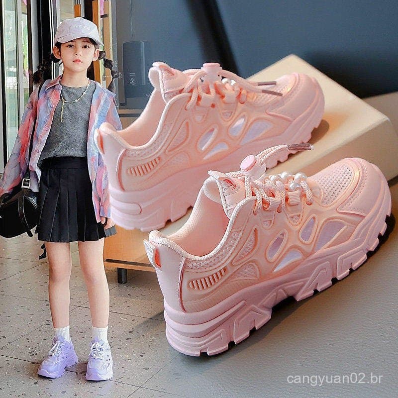 Sapatos para meninas, sapatos de malha respirável, novos tênis esportivos infantis, tênis estilo "dad shoes", tênis bran