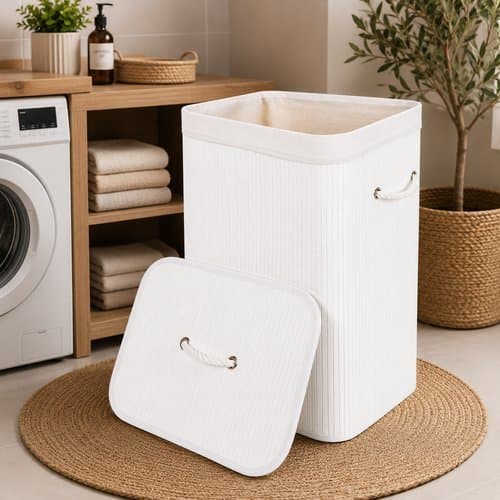 Cestos De Roupa Suja Bambu 70 Lt Lavanderia Com Tampa e Alças Forrado Grande Organizador Banheiro