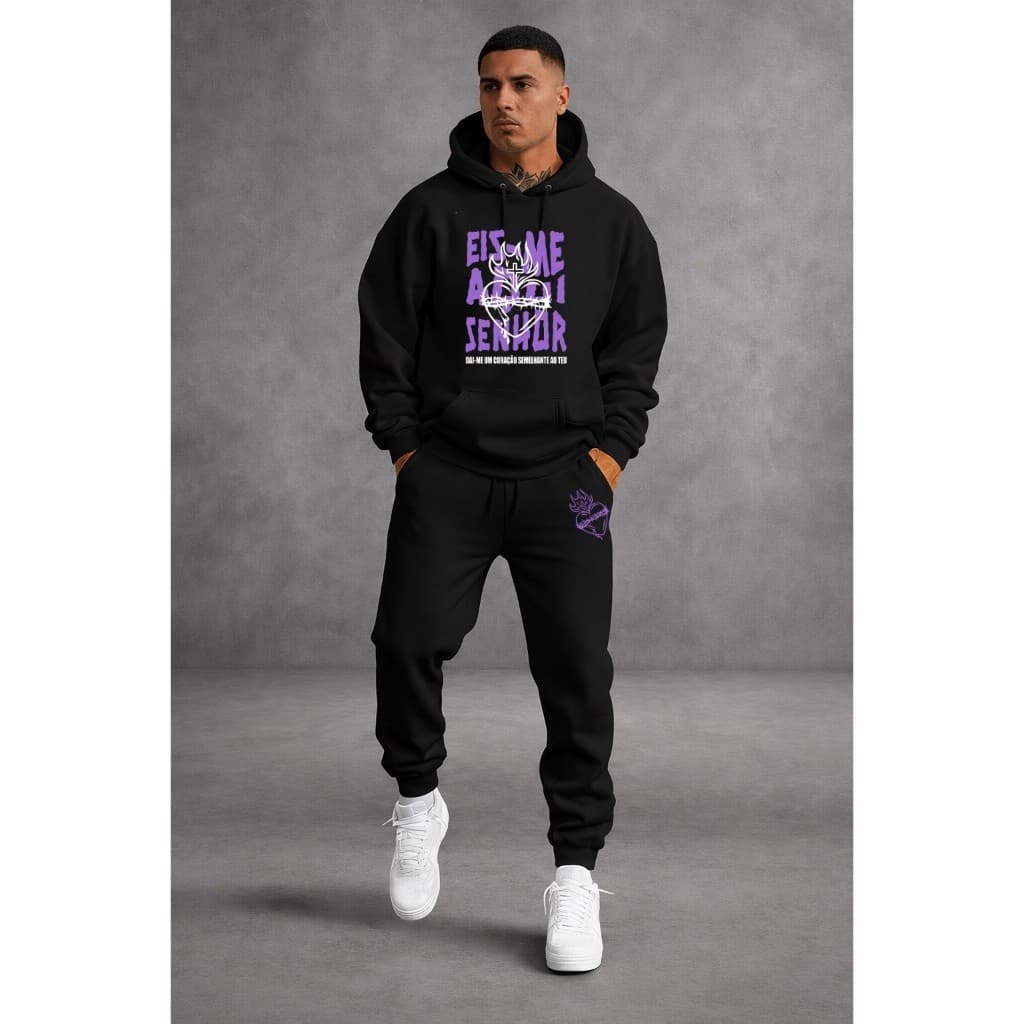 Conjunto Moletom Masculino Cristão com Capuz +Calça  Moletom Estampado Inverno Casual Streetwear Confortável Eis-me aqui