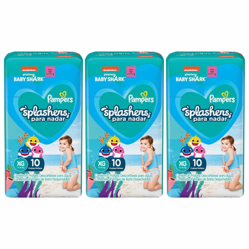 Kit 3 Fraldas Descartáveis Pampers Splashers para Água XG 11-17kg 10un
