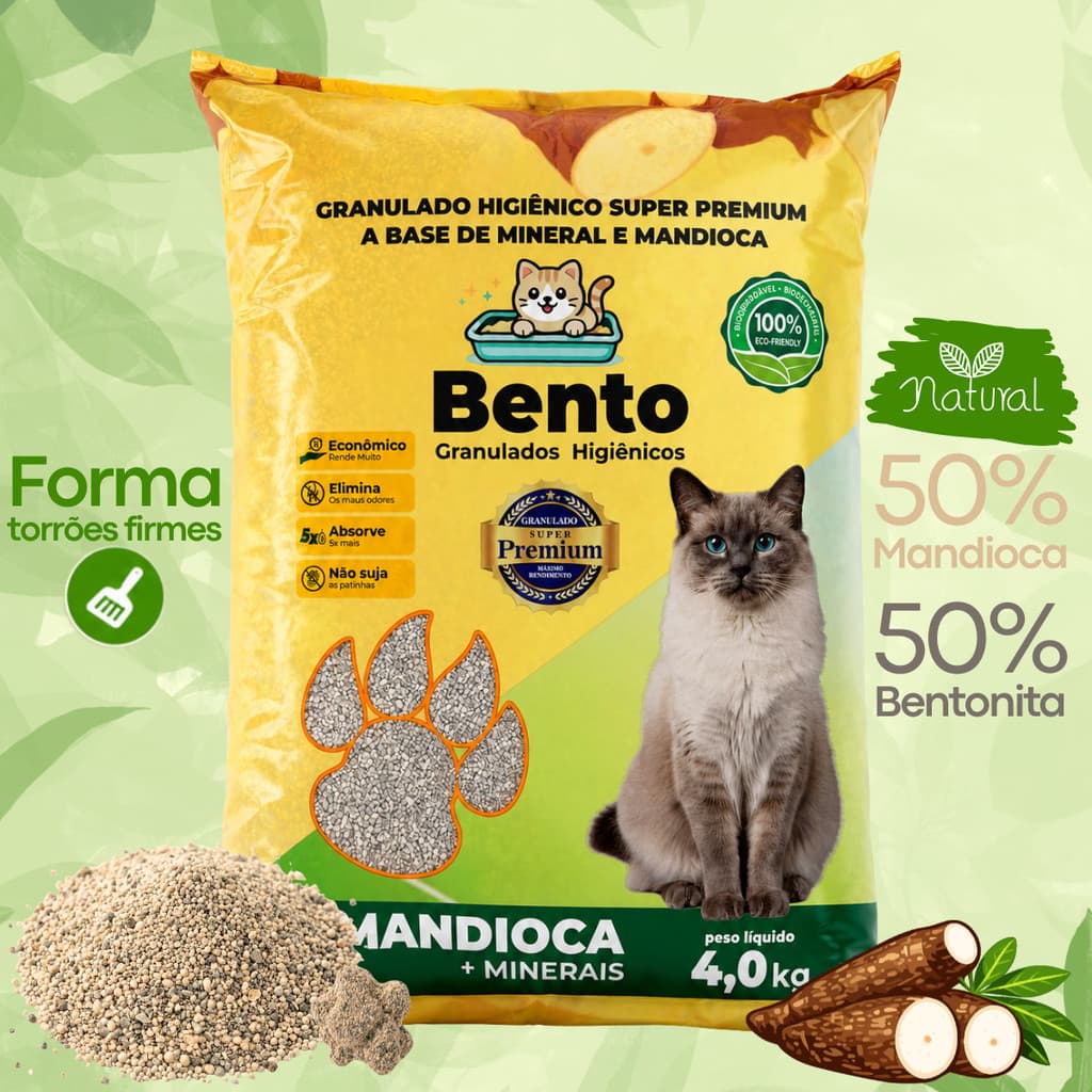 Areia Sanitária Higiênica para Gatos Biodegradável Mandioca e Bentonita 100% Natural Bento Mix 4kg