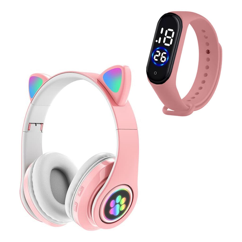 Fone Ouvido Fone Gatinho Fone Bluetooth Adulto Crianças + Relógio Led Relógio Esportivo Prova D'água