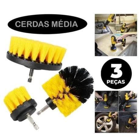 Kit 3 Escovas Rotativas 1/4 Limpeza Automotiva Nylon Higienização Sofa Carro Estofados para Furadeira e Parafusadeira