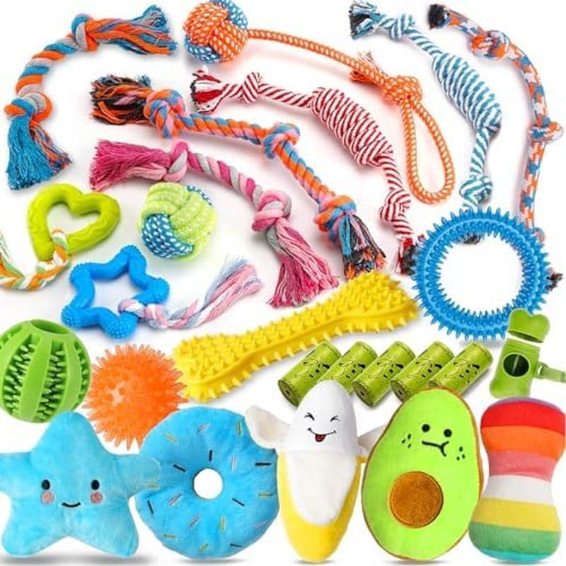 Zeaxuie 25 peças de brinquedo luxuoso para mastigar cachorro, brinquedo para cachorro com corda, bola de cura e brinqued