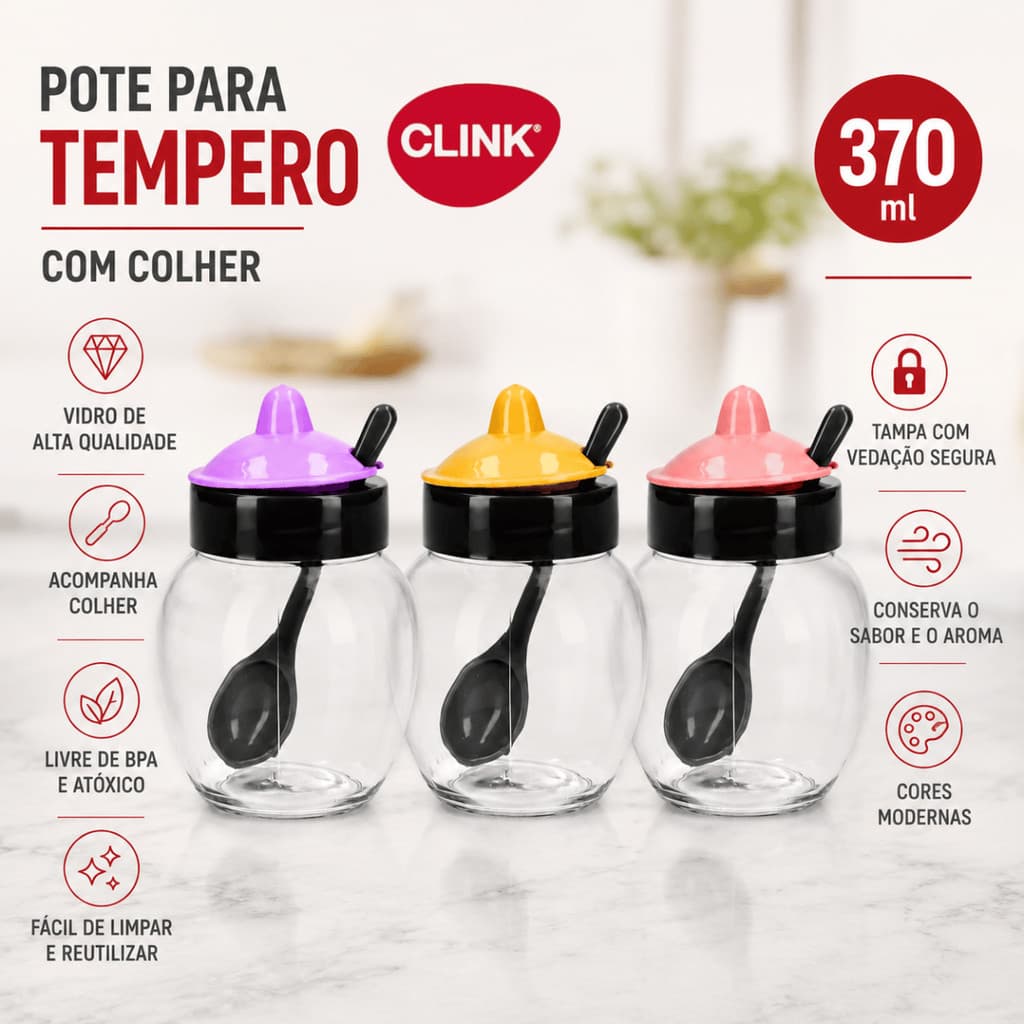 Pote Tempero 370ml Vidro com Colher - Clink / Cozinha Condimentos Organizar Mantimentos Temperos