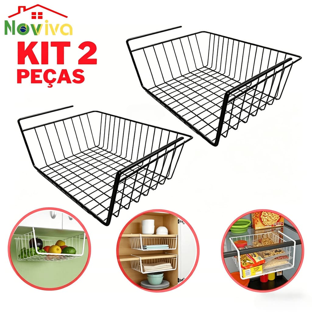 Kit 2 Suporte Organizador Cesto Suspenso Aramado Preto De Encaixe Prateleira Sem Furo Multiuso Para Cozinha E Armário