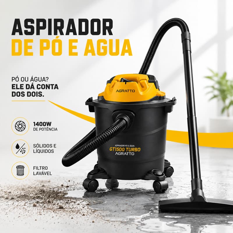 Aspirador de Pó e  Água Portátil 2 em 1 Aspirador de Pó 11 Litros Aspiador de Água Agratto 1400W