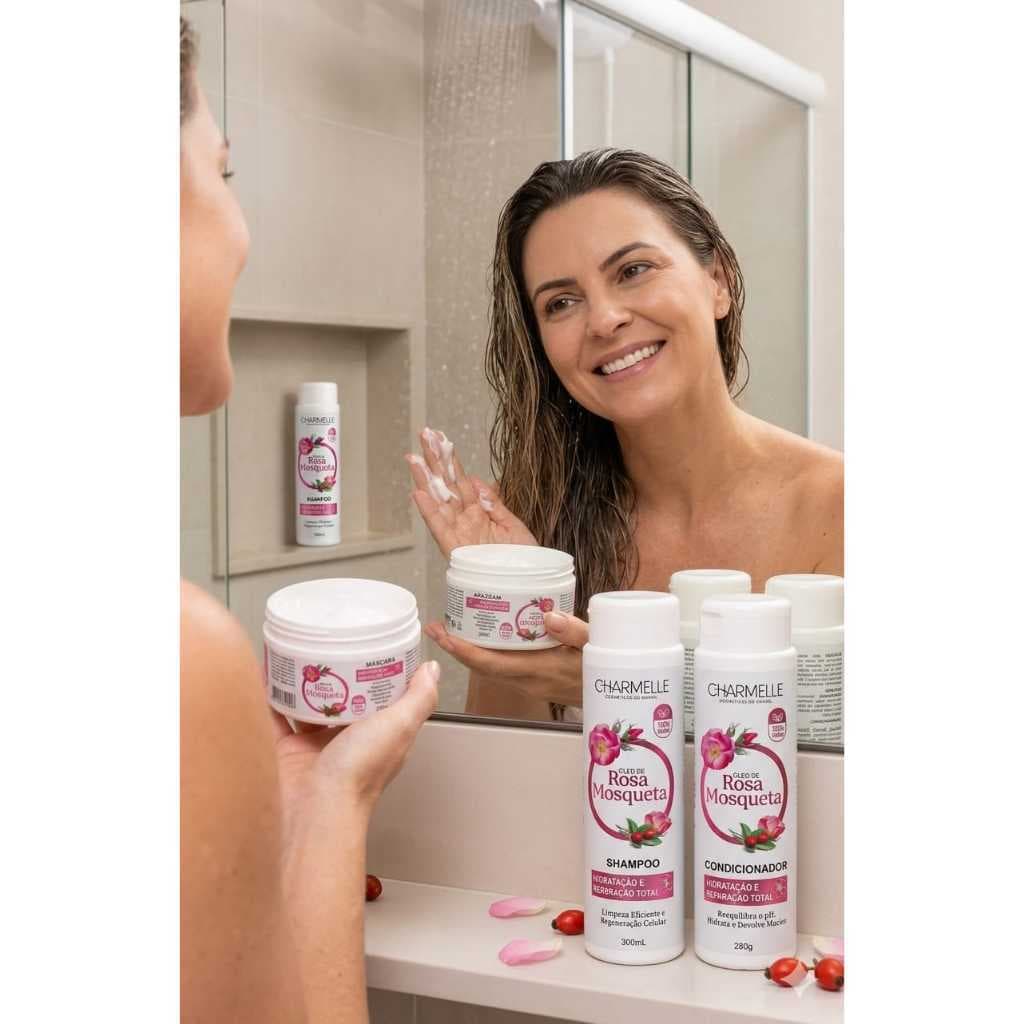 Kit Rosa Mosqueta Charmelle Shampoo Condicionador Máscara Hidratante Reparação Capilar 100% Vegano
