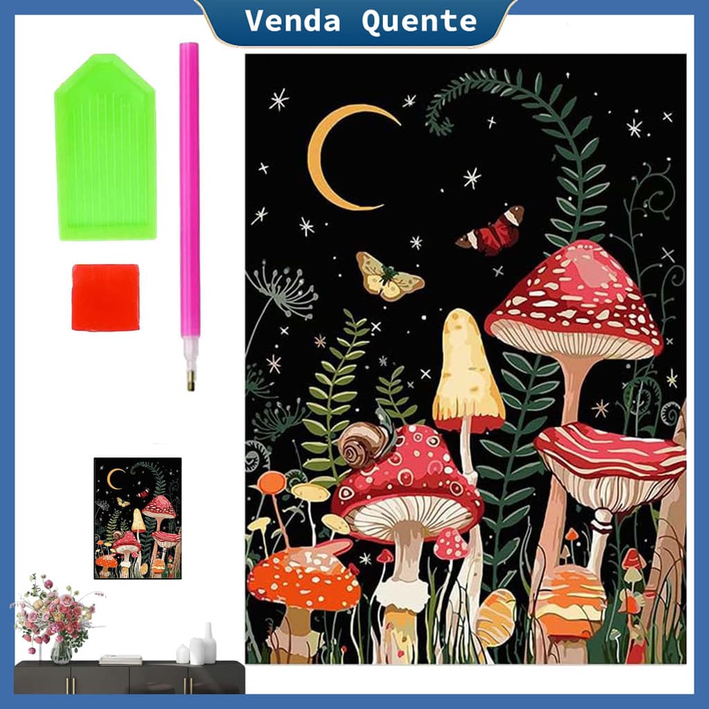5D rodada pintura diamante, cogumelo floresta fantasia pintura artista Pintura decorativa 30x40 cm