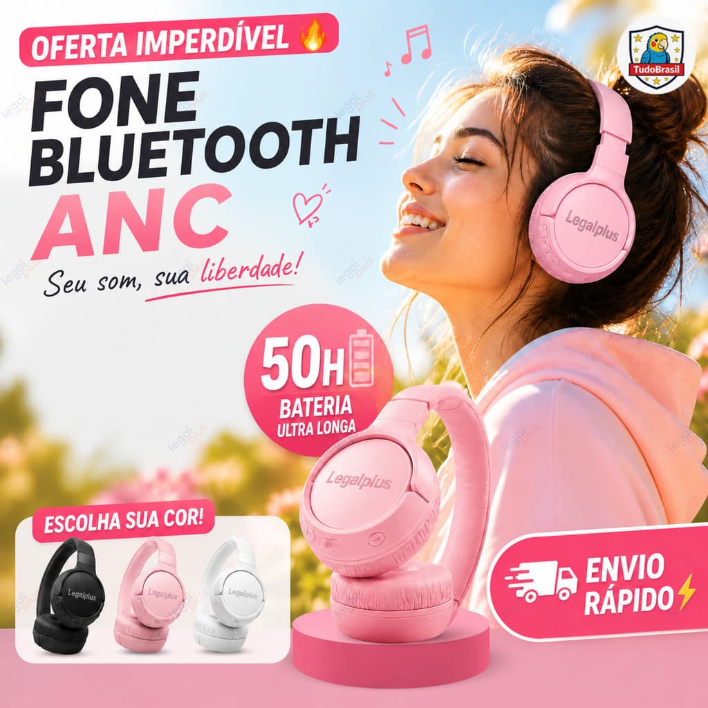 Almofadas Confortáveis, Fone de Ouvido Headphone Sem Fio ANC Hi-Fi, Bluetooth 5.3, Dobrável, Bateria de Longa Duração