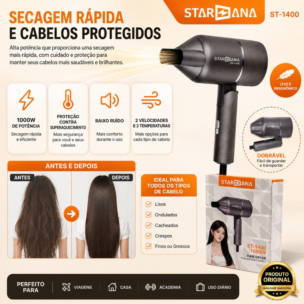 Secador De Cabelo Profissional Dobrável Portátil 1000W.