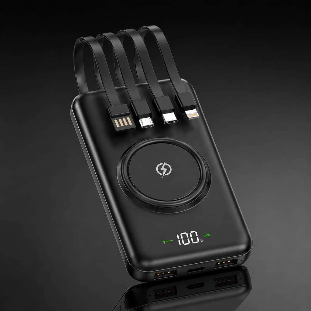Power Bank Magnético Wireless 10000mAh com Cabos Embutidos e Display LED Digital – Carregamento Rápido Iphone Android