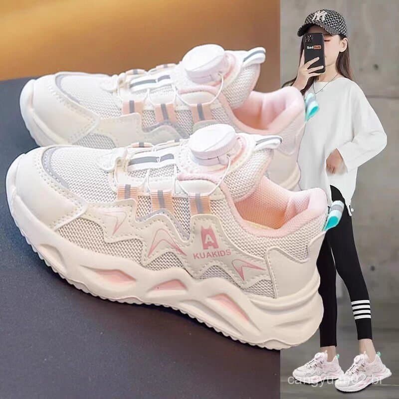 Novos tênis esportivos infantis com botões giratórios, tênis de corrida para meninas, tênis estilo "dad shoes" para meni