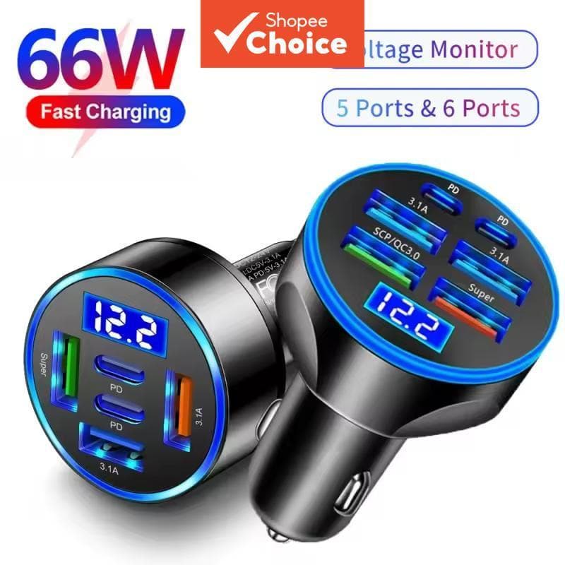 Carregador Veicular PD QC3.1 Carga Rápida 3USB+2PD Porta Isqueiro Display Digital