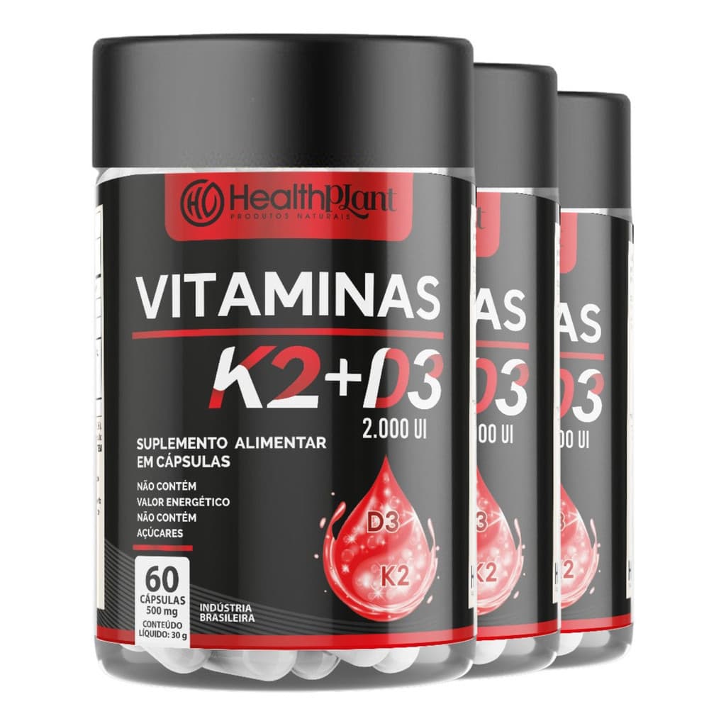 Kit 3 Potes Vitamina K2 + Vitamina D3 2000ui 500mg 180 Caps