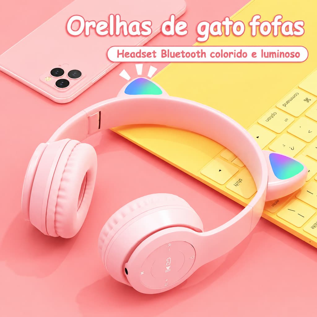 Fones de ouvido de gato com LED sem fio Bluetooth para gatinhos Bluetooth Headphone anj.gg