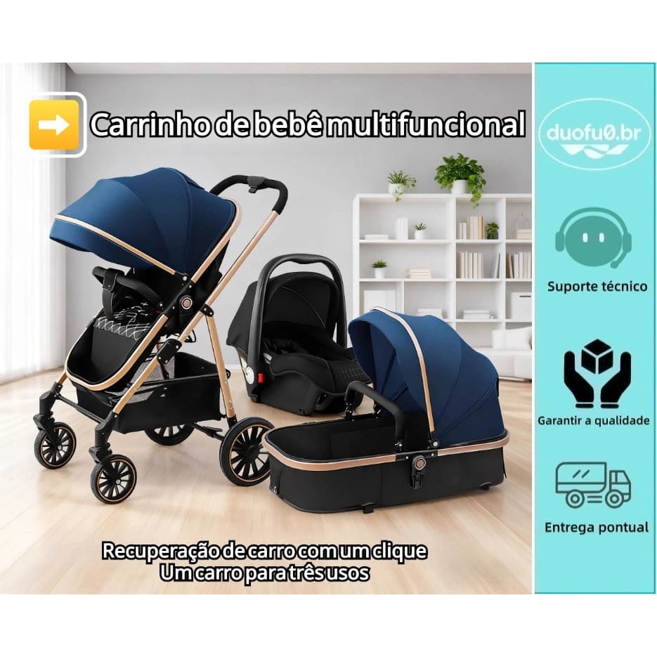 Carrinho Completo 3 Confortável com Moses e Bebês em 1-Modelo Europeu Deluxe